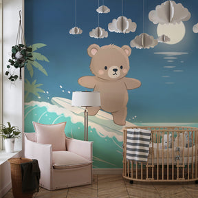 Tropical bear surfing wallpaper transforming children's playroom with ocean theme by Kids-Mundo