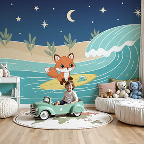 Surfing fox mural wallpaper creating magical ocean adventure nursery decor by Kids-Mundo