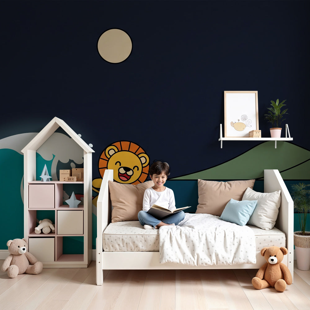 Surfing lion mural wallpaper in modern kids bedroom with starry night ocean theme by Kids-Mundo