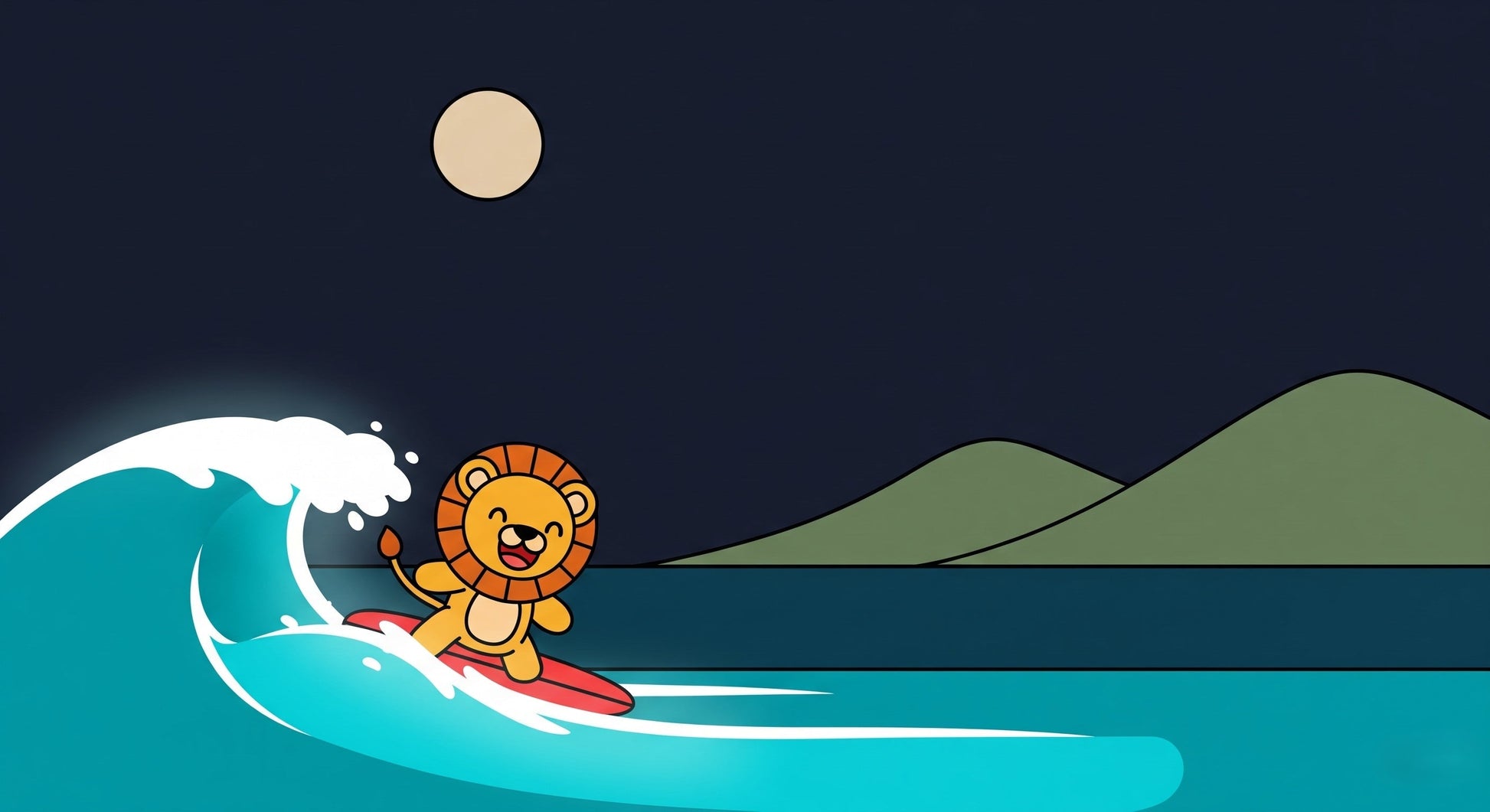Detailed surfing lion under starry night sky mural wallpaper design pattern by Kids-Mundo