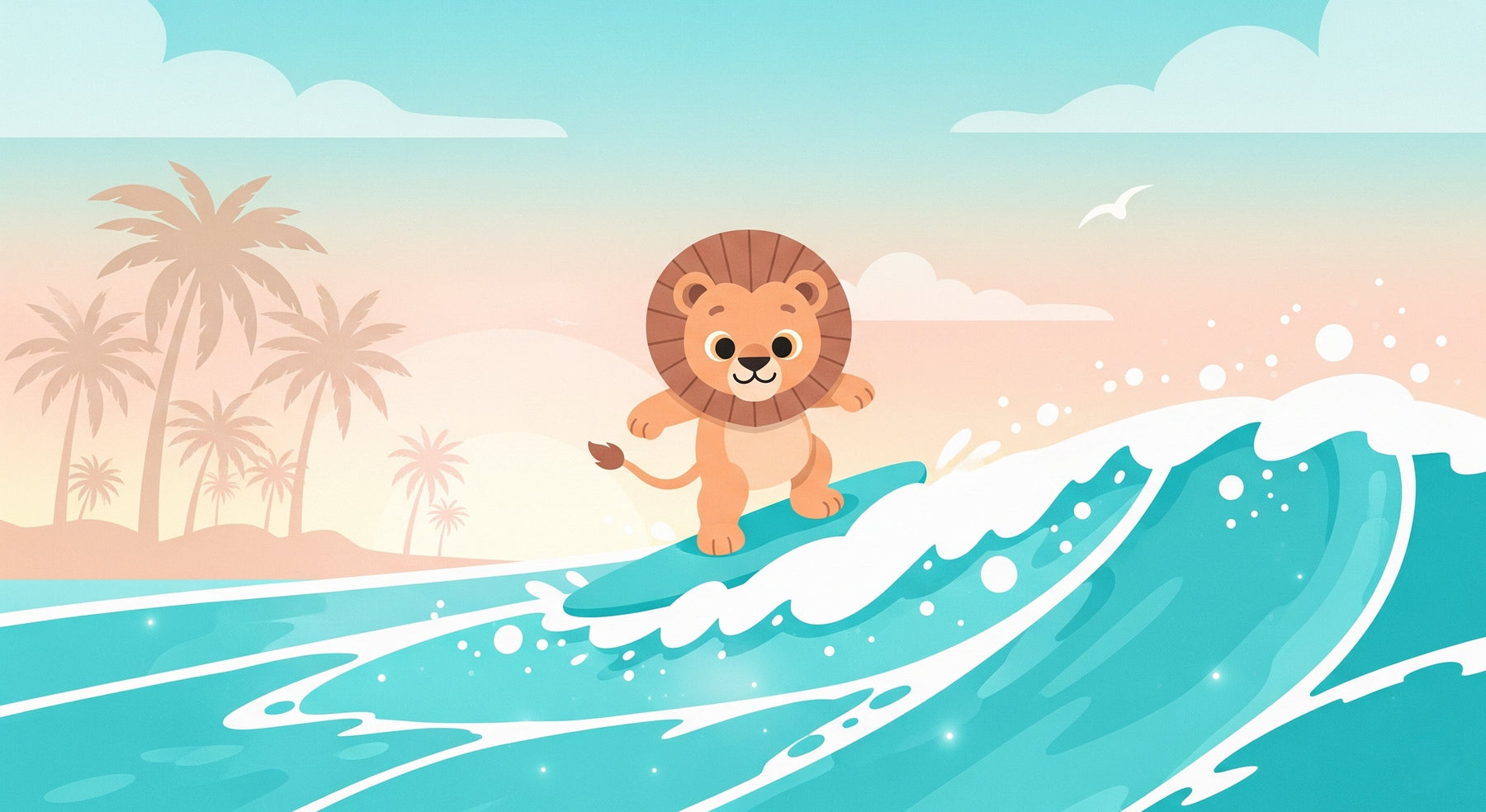 Detailed surfing lion mural wallpaper design pattern showing tropical ocean scene by Kids-Mundo