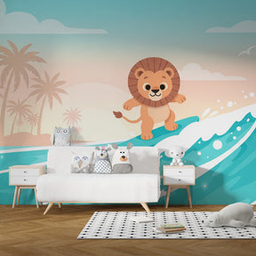 Tropical surfing lion wallpaper creating adventurous nursery decor with ocean waves and palm trees