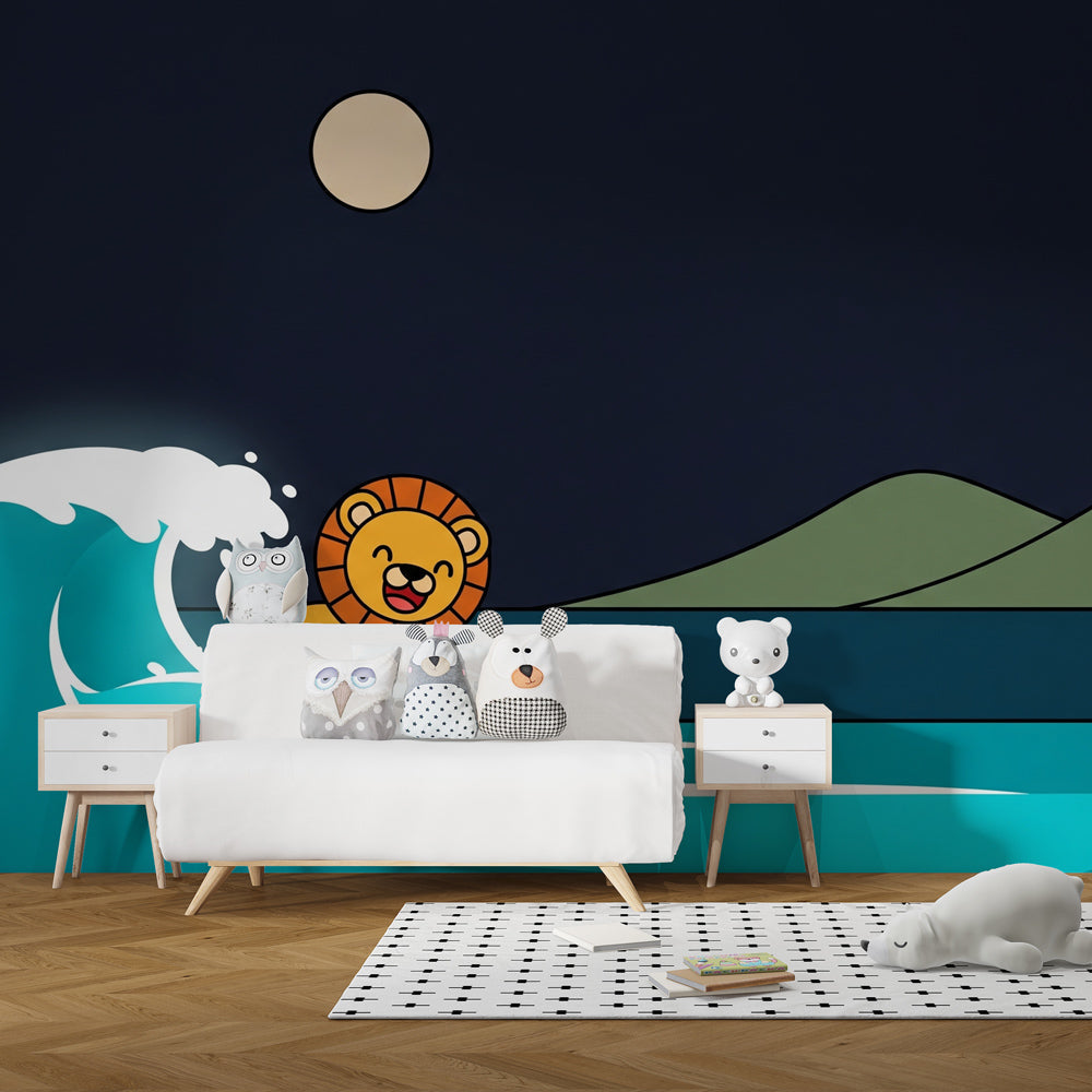 Ocean adventure mural wallpaper featuring surfing lion in peaceful nursery setting