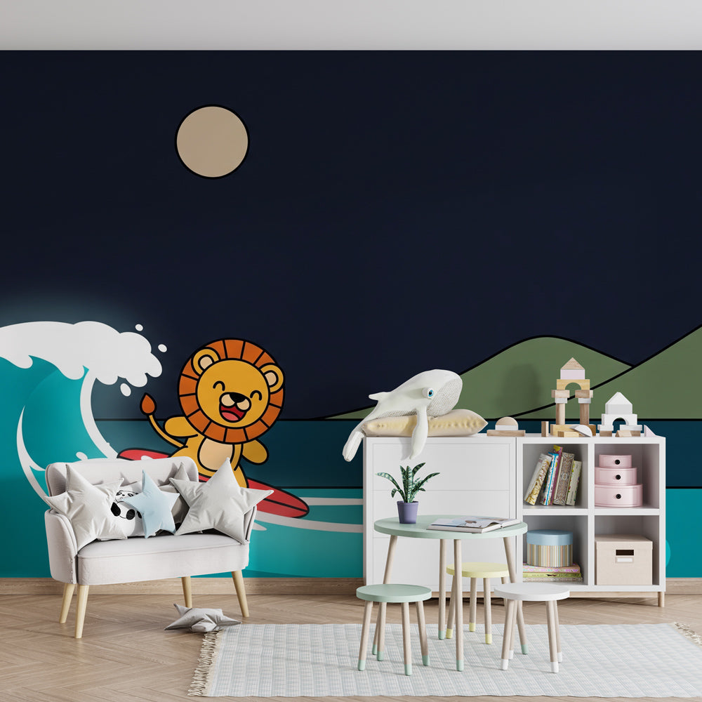 Colorful surfing lion wallpaper creating magical ocean adventure atmosphere in children's playroom