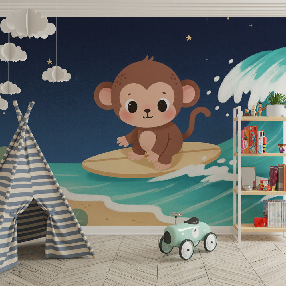 Ocean adventure wallpaper creating playful kids bedroom with surfing monkey theme