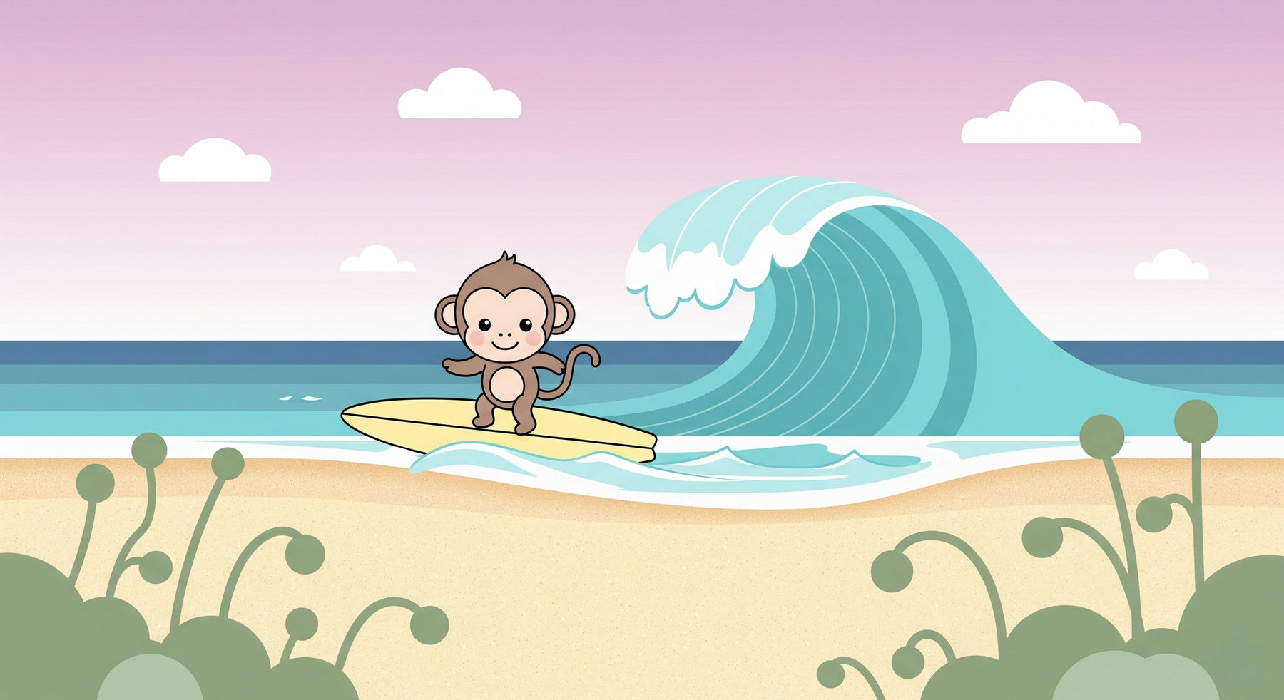 Detailed surfing monkey mural wallpaper design pattern with ocean waves by Kids-Mundo