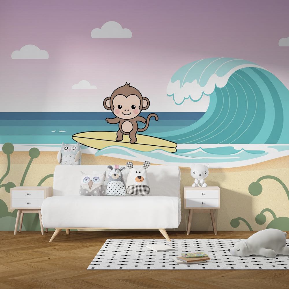 Surfing monkey wallpaper with pastel ocean waves in stylish kids room by Kids-Mundo