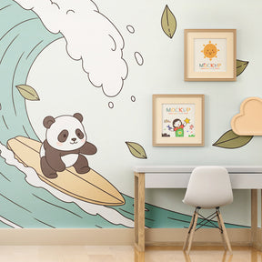 Kids playroom featuring surfing panda mural wallpaper with coastal blue-green tones