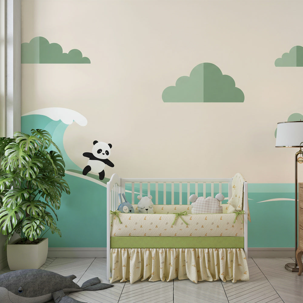 Beach themed panda mural wallpaper with turquoise waves in bright kids playroom