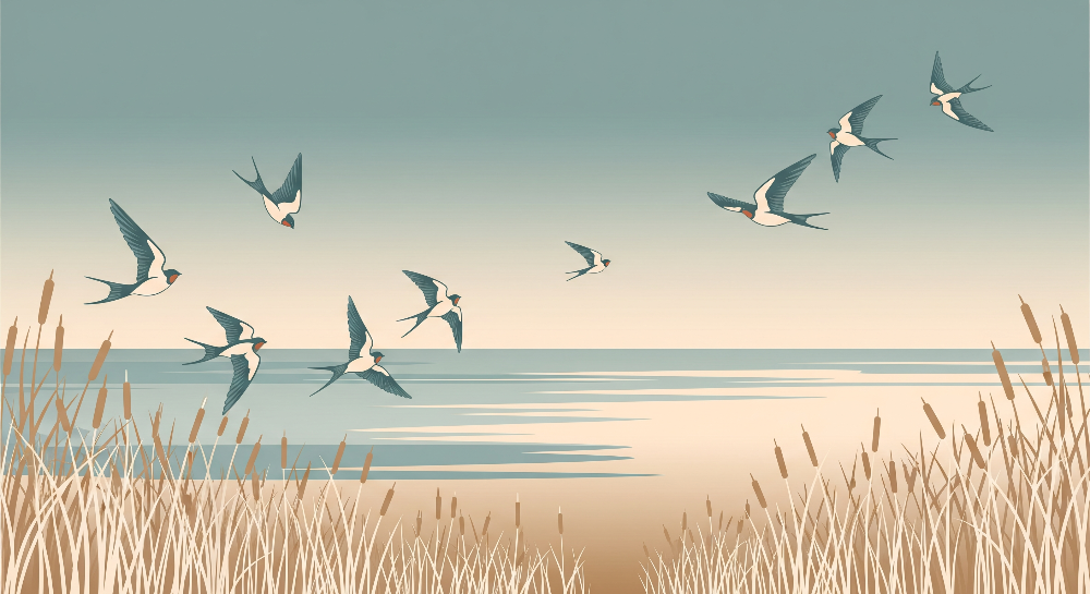 Flock of Swallows Flying Over a Calm Shoreline Wall Mural