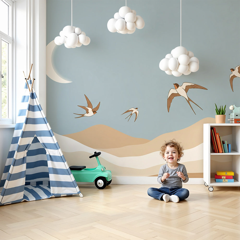 Kids-Mundo swallows and mountains wall mural styled in a calm, dusky nursery