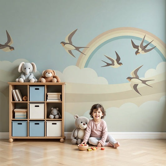 Kids-Mundo swallow and rainbow wall mural styled in a soft pastel nursery with a cot and gentle lighting.