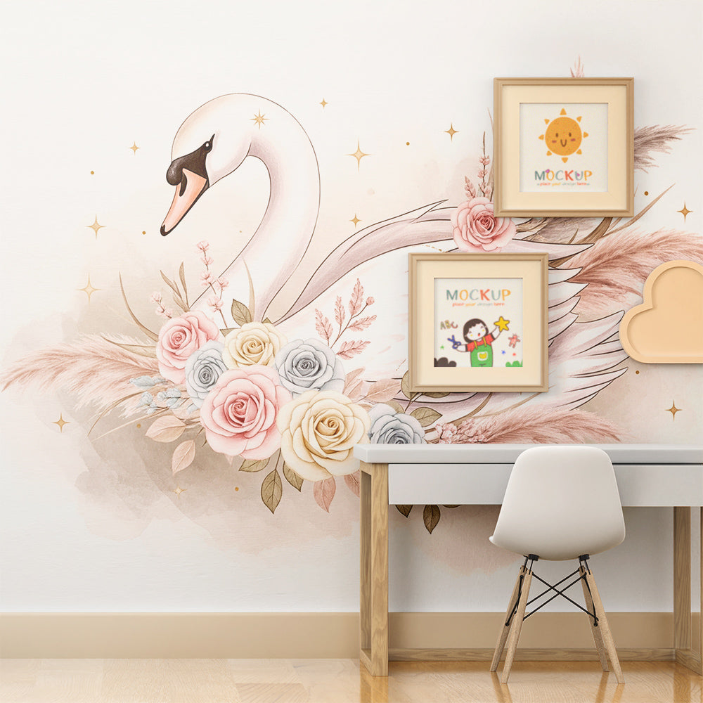 Kids-Mundo elegant swan and rose mural styled in a gentle kids bedroom