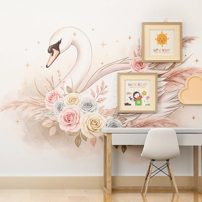 Kids-Mundo elegant swan and rose mural styled in a gentle kids bedroom