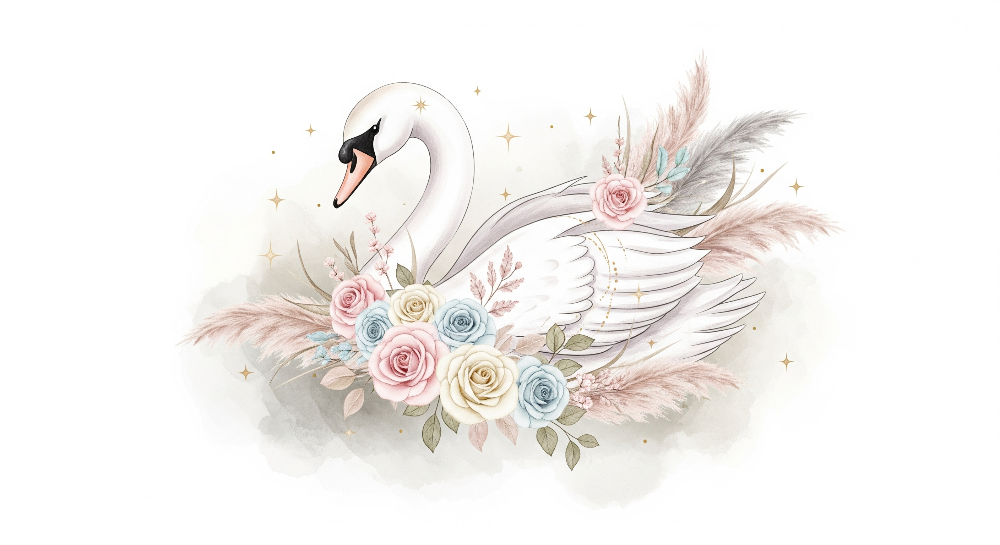 Elegant Swan with Pastel Roses Wall Mural