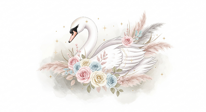 Kids-Mundo flat artwork of a swan surrounded by pastel roses for this wall mural