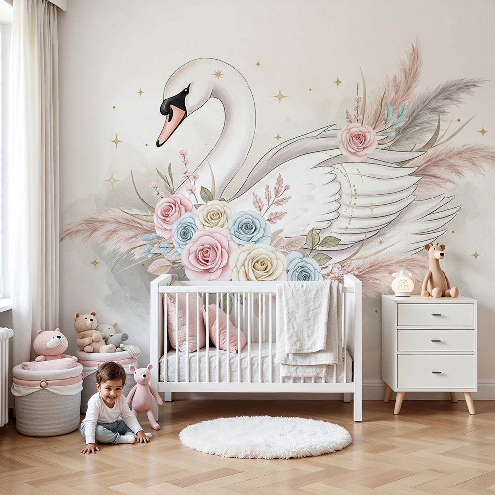 Kids-Mundo swan wall mural with pastel roses in a soft, romantic nursery