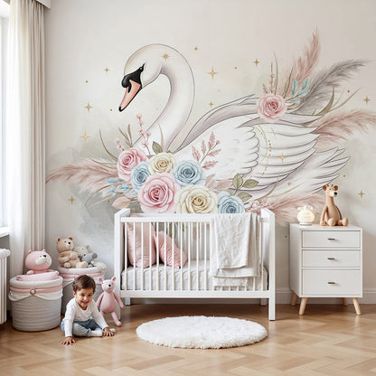 Kids-Mundo swan wall mural with pastel roses in a soft, romantic nursery