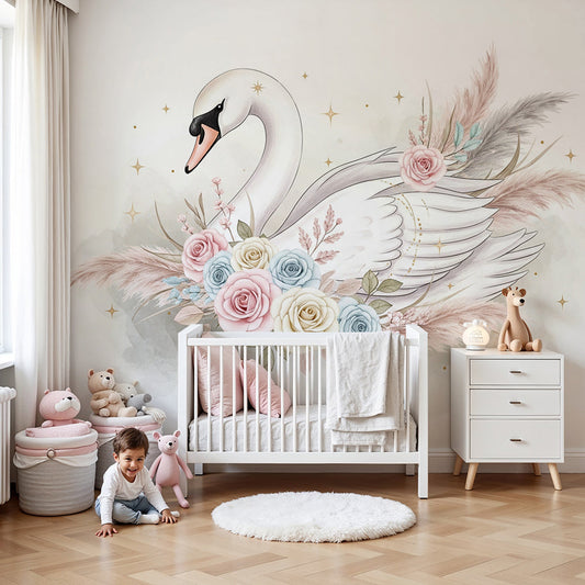 Kids-Mundo swan wall mural with pastel roses in a soft, romantic nursery