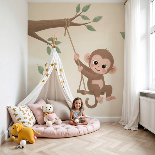 Kids-Mundo swinging monkey wall mural styled in a warm, playful baby nursery with a cot