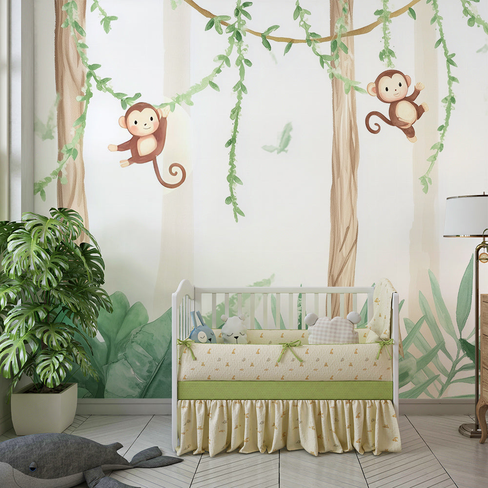 Kids-Mundo playful monkey wall mural above a bed in a cheerful children's bedroom