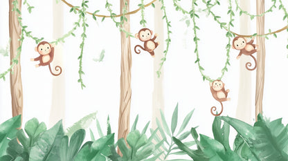 Flat artwork preview of the Kids-Mundo playful swinging monkeys jungle wall mural design
