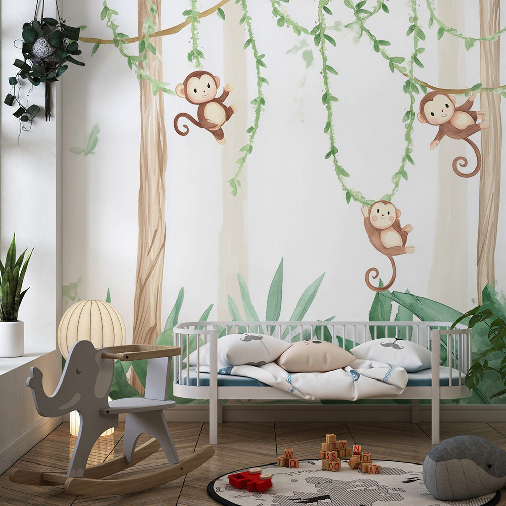 Jungle monkey wall mural by Kids-Mundo decorating a fun children's playroom wall