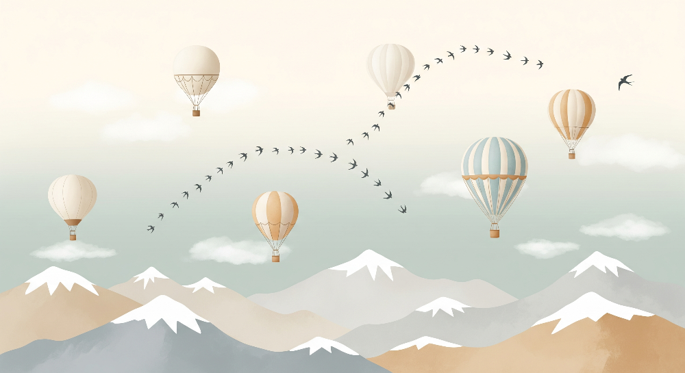 Hot Air Balloons and Swooping Birds Over the Mountains Wall Mural