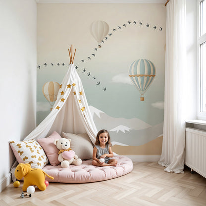 Kids-Mundo hot air balloon wall mural with swooping birds over mountains in a nursery