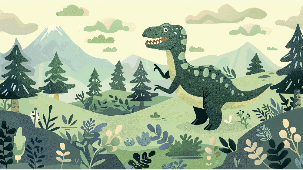 Detailed T-Rex dinosaur mural wallpaper design pattern with forest landscape by Kids-Mundo