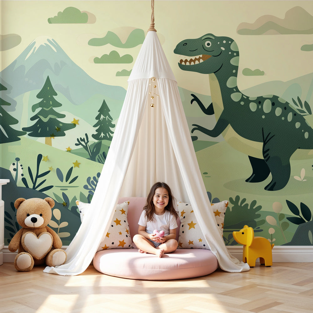 T-Rex mural wallpaper creating prehistoric adventure theme in modern kids bedroom by Kids-Mundo