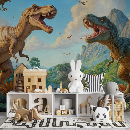 Kids-Mundo realistic T-Rex wall mural behind a bed in a dinosaur-themed kids bedroom