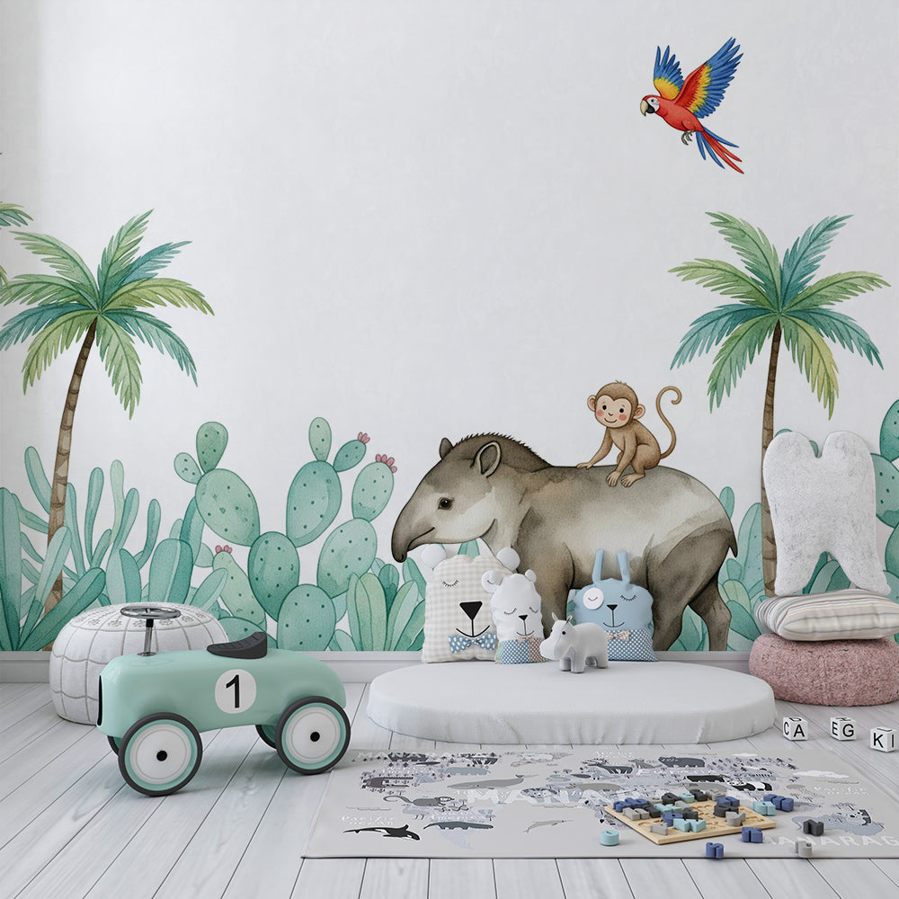Kids-Mundo tapir jungle mural on a feature wall in a bright children's bedroom