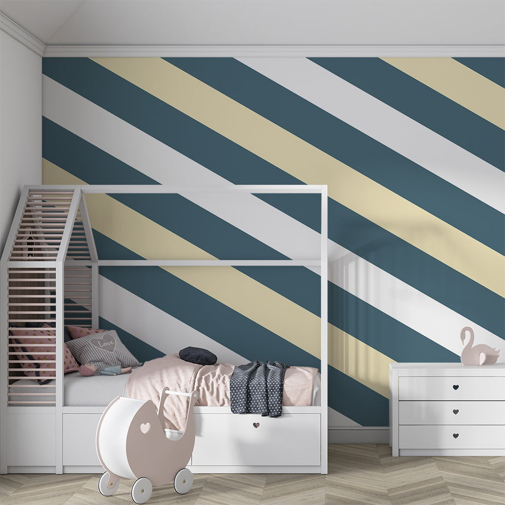Kids-Mundo teal stripe wall mural adding energy to a playful, colourful playroom