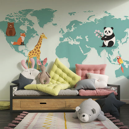 Kids-Mundo teal world map mural with bear, fox and parrot on a kids bedroom wall