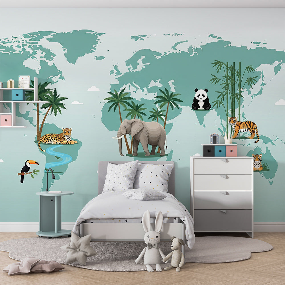 Kids-Mundo teal world map mural with jungle animals in a child's bedroom feature wall