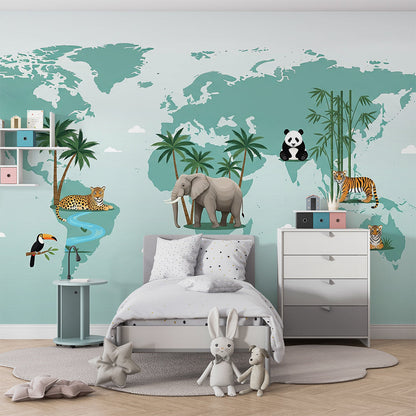 Kids-Mundo teal world map mural with jungle animals in a child's bedroom feature wall