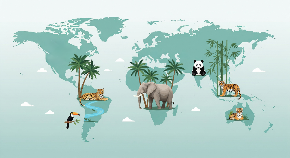 Kids-Mundo teal world map artwork featuring leopard, elephant, panda and tiger illustrations