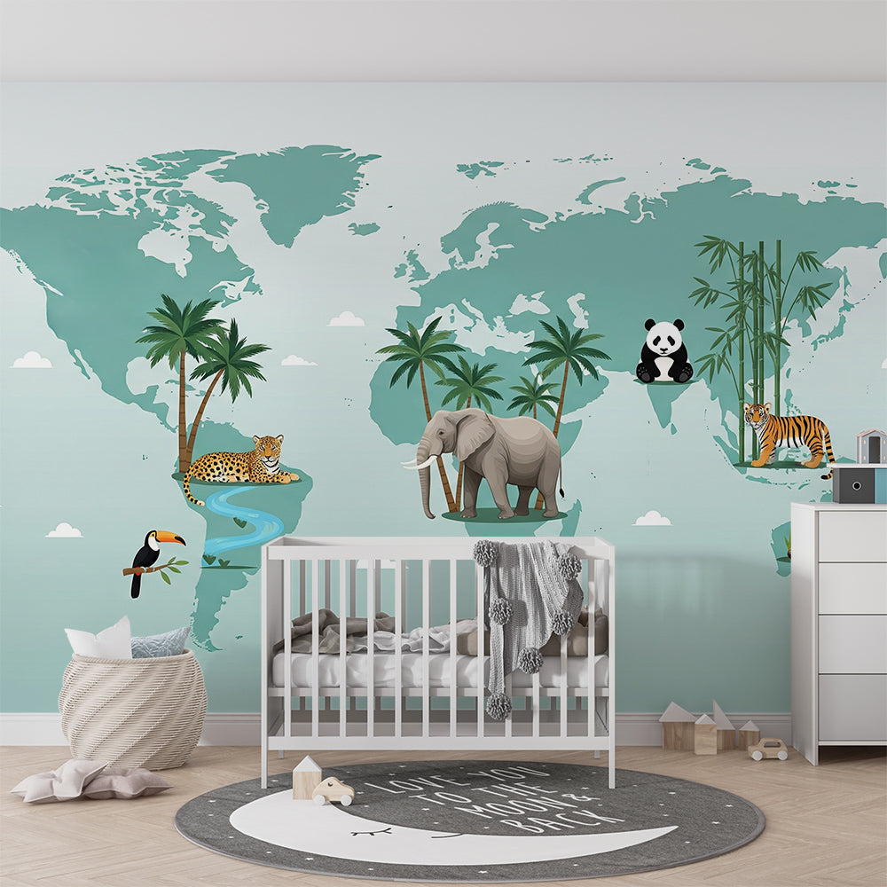 Kids-Mundo jungle animal world map mural brightening a children's playroom wall