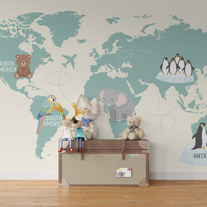 Kids-Mundo labelled world map mural with elephant and aeroplane on a kids bedroom wall