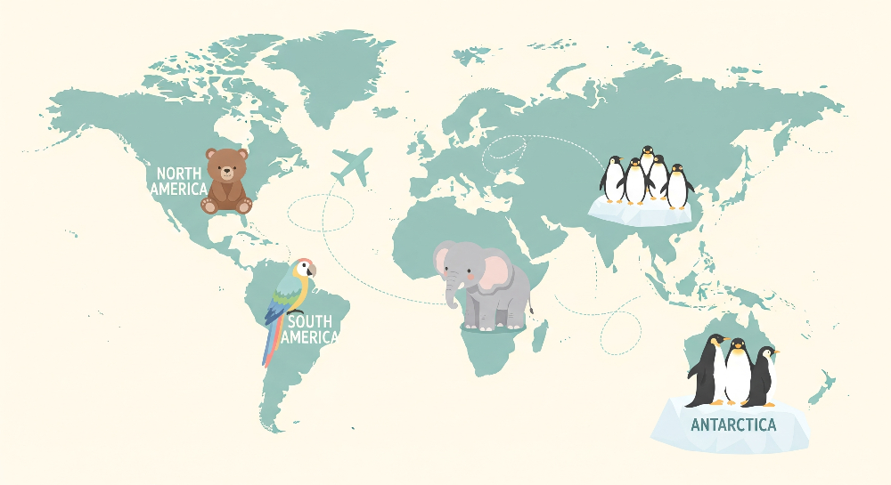 Teal World Map with Continent Labels and Animals Wall Mural
