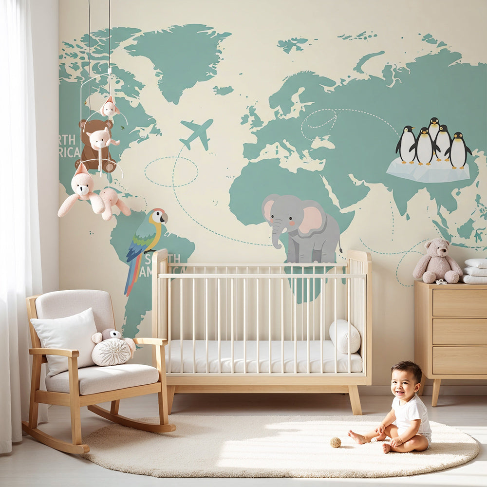Kids-Mundo teal labelled world map wall mural with teddy bear in a bright children's nursery