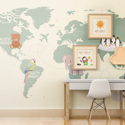 Kids-Mundo teal world map mural with penguins and Antarctica label in a playroom