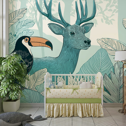 Kids-Mundo teal jungle wall mural with a stag and toucan in a kids bedroom
