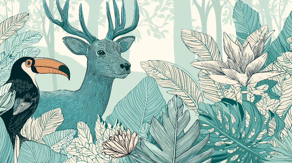 Kids-Mundo teal stag and toucan mural artwork with dense ink-line jungle leaves