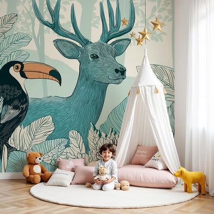Kids-Mundo teal stag and toucan wall mural styled on a feature wall in a nursery