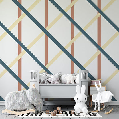 Kids-Mundo diagonal plaid wall mural styled on a kids bedroom feature wall