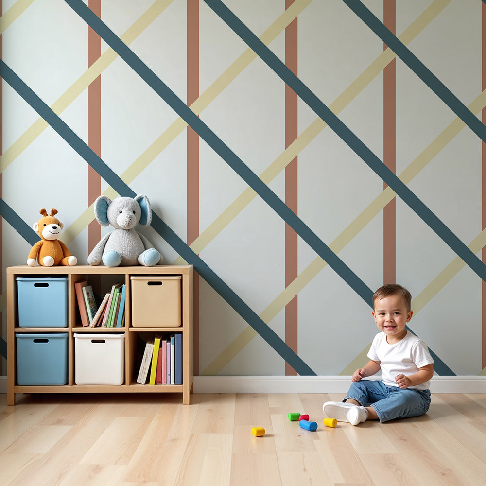 Kids-Mundo teal and terracotta diagonal wallpaper mural styled in a nursery