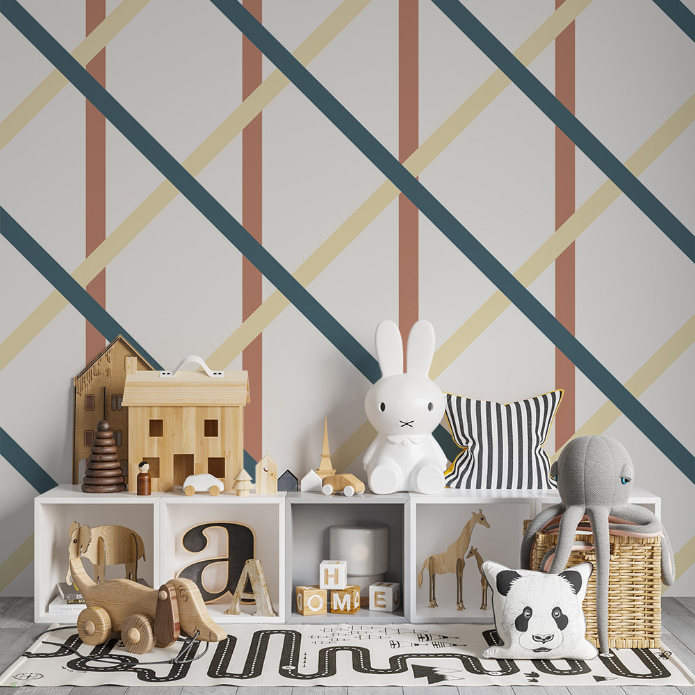 Kids-Mundo teal and terracotta plaid wallpaper brightening a calm playroom