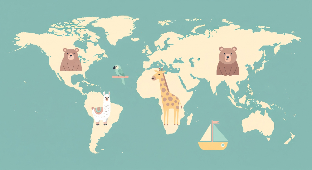 Teal World Map with Bears, Giraffe and Llama Wall Mural